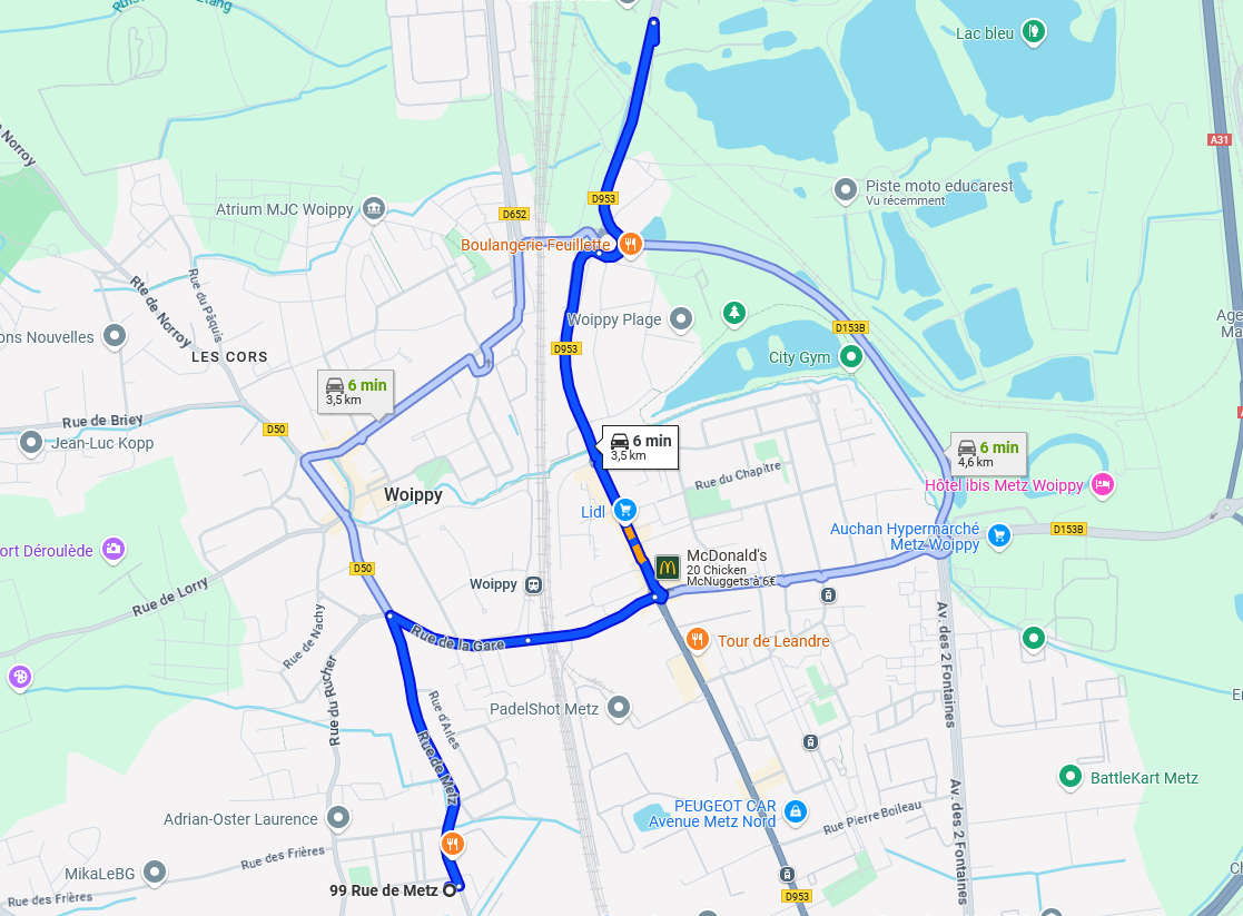 Itinéraire entre le centre de formation et la piste moto
